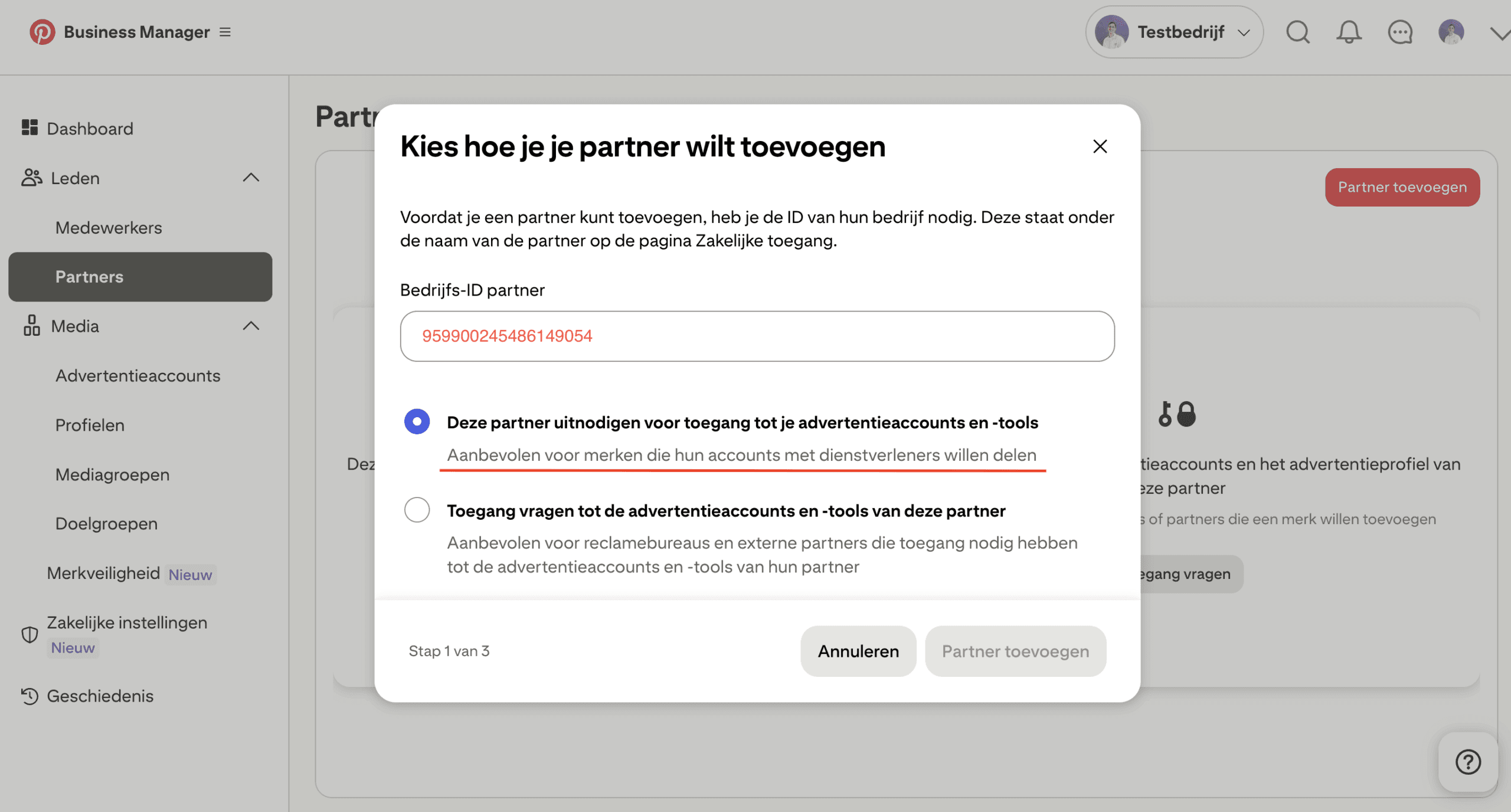 Pinterest partner toevoegen